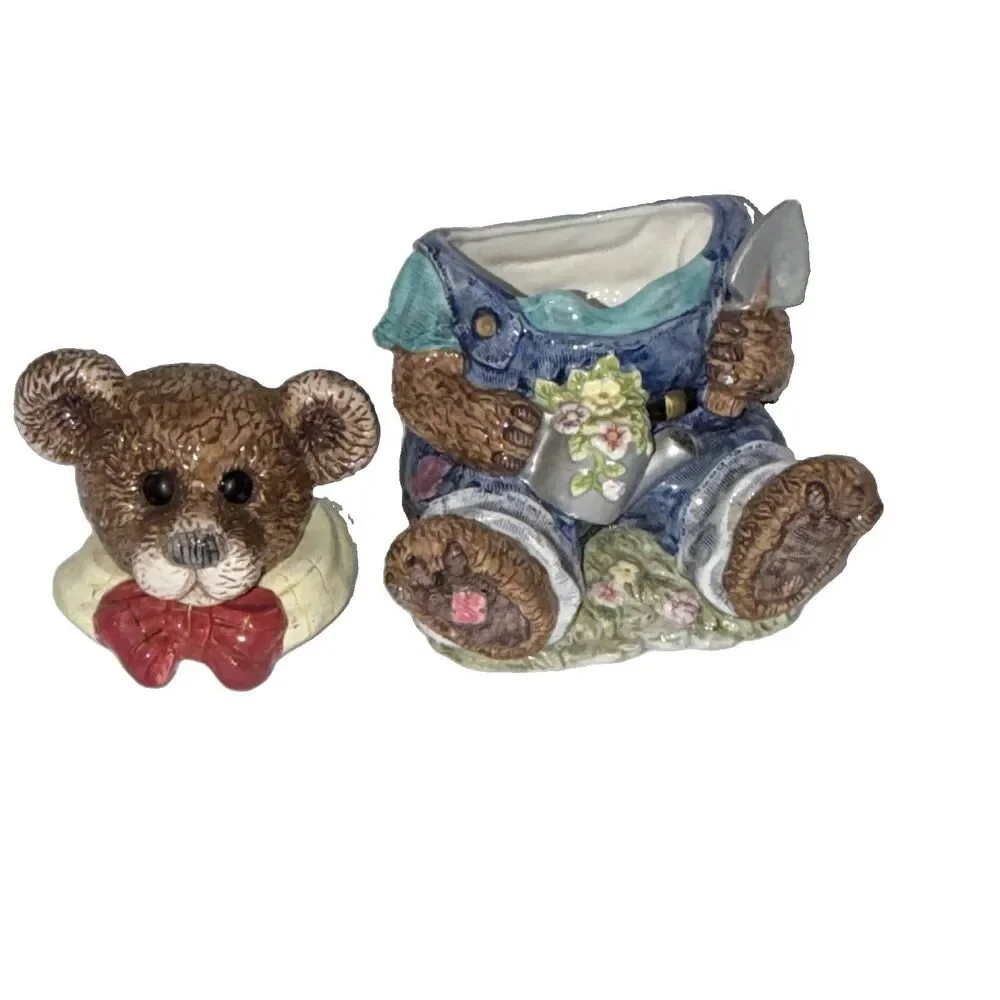 Vintage Ceramic Teddy Bear Cookie Jar Hand Painted Garden Floral Gardening Theme
